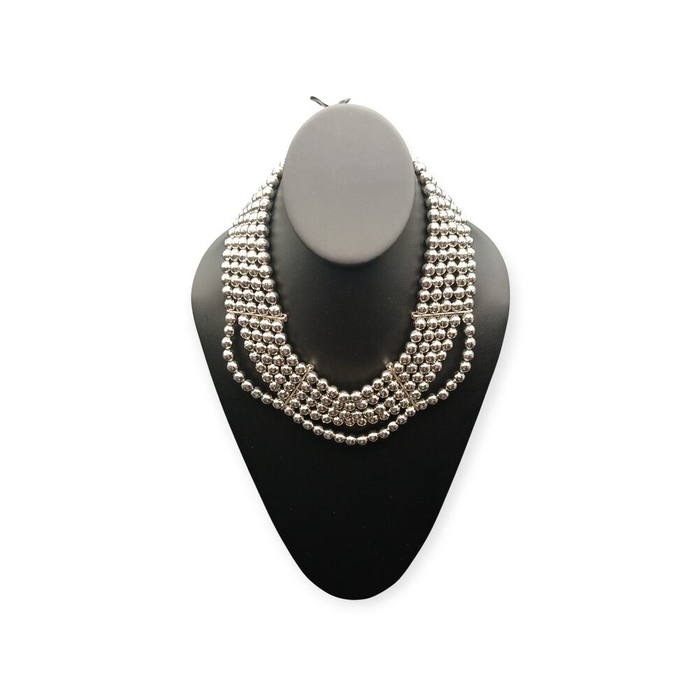Chico’s Silver Tone Multi-Strand Beaded Necklace Statement  NWT